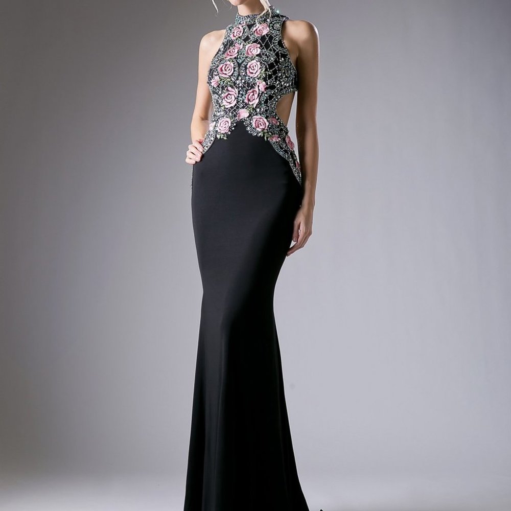 new black  Sequined Bodice Halter Neck Mermaid Dress CDKC1799
